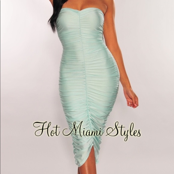 Mint Ruched Strapless Bodycon Dress - Picture 2 of 5